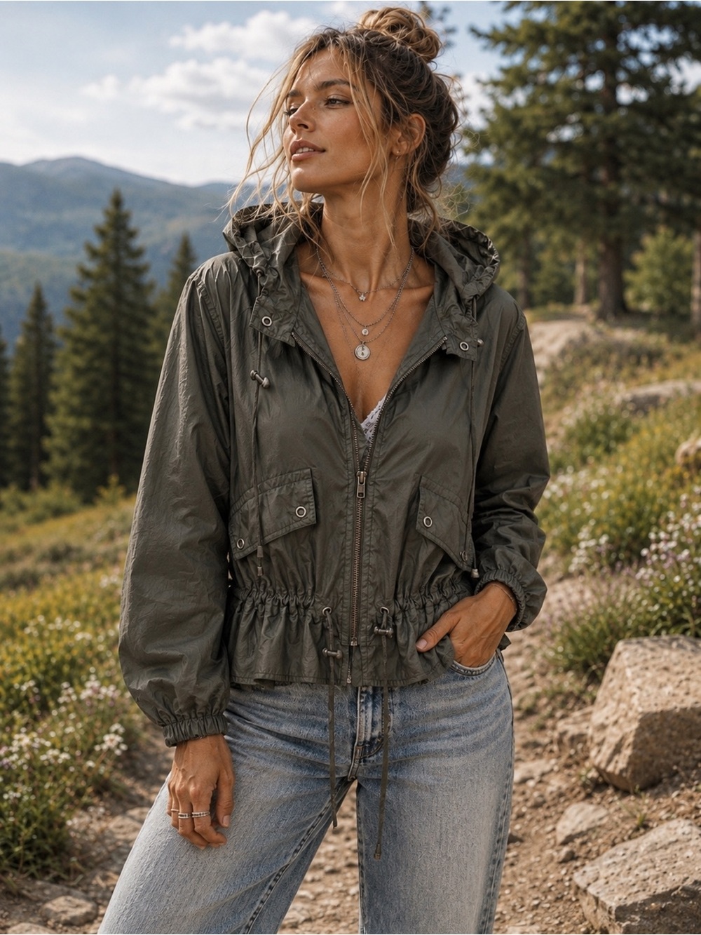 Free People Peplum Windbreaker Jacket M Olive Green Hooded Ripstop Utility